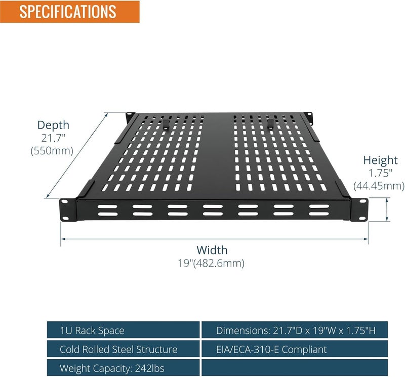 Tecmojo 1U 4-Post Vented Server Rack Mount Shelf,21.7in Deep with Adjustable Depth 13.5-31.8 Inch,Supports to 242 lbs,Universal Tray for 19 Inch AV/Network Equipment Rack,Black - Image 2